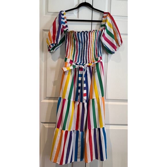 Vintage Y2K NY & Co Rainbow Striped Off Shoulder Maxi Dress Tiered Smock Belted - Picture 5 of 7